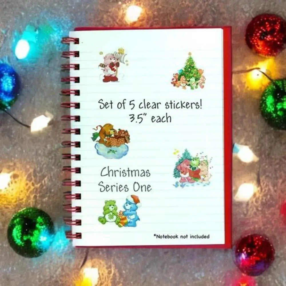 Care Bears Sticker SET OF 5, Clear Decals 3.5”  Bear Cousins Christmas Series 1